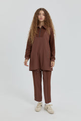 Leopard Jacquard Knit Pants Tunic Set - Coffee