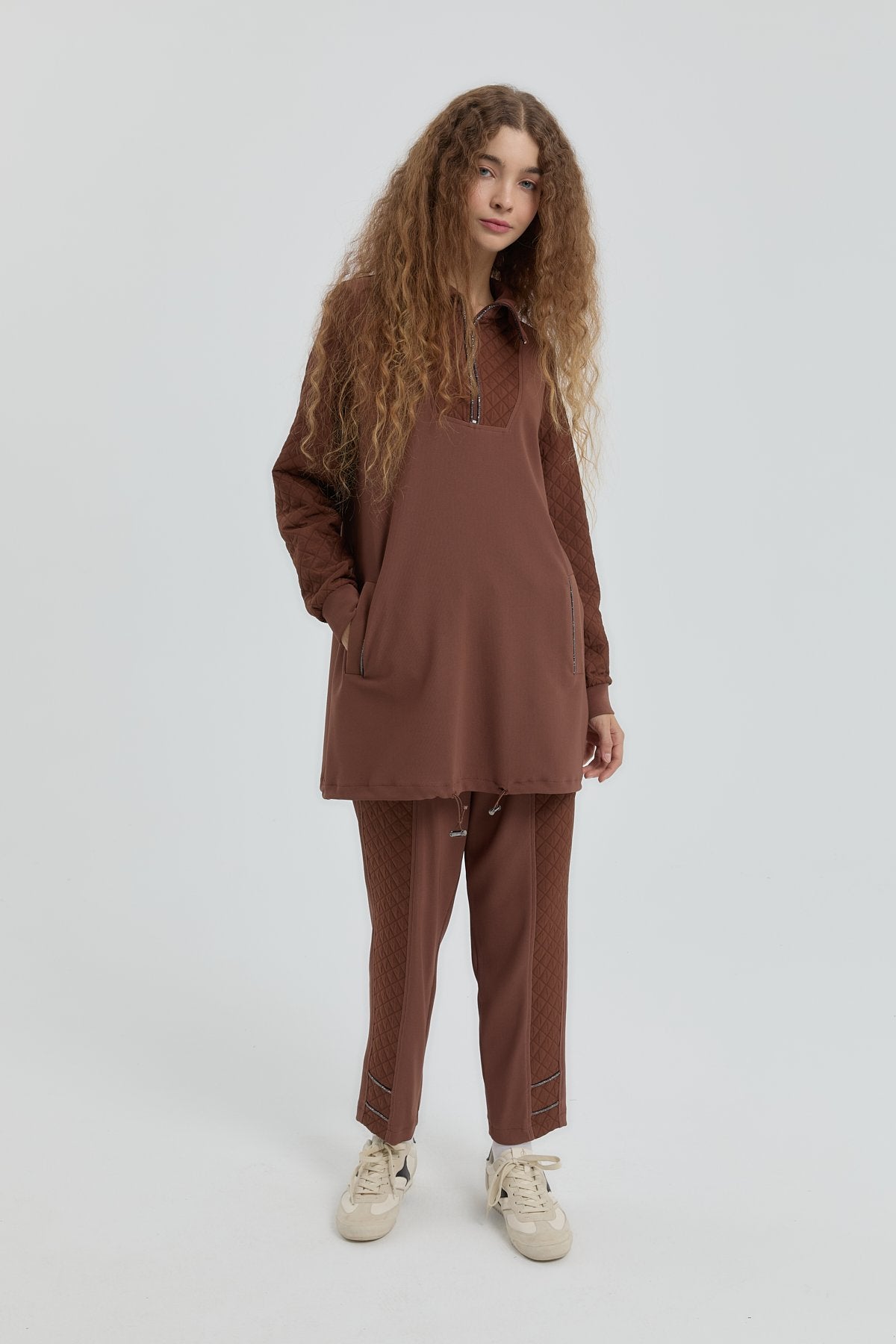 Leopard Jacquard Knit Pants Tunic Set - Coffee