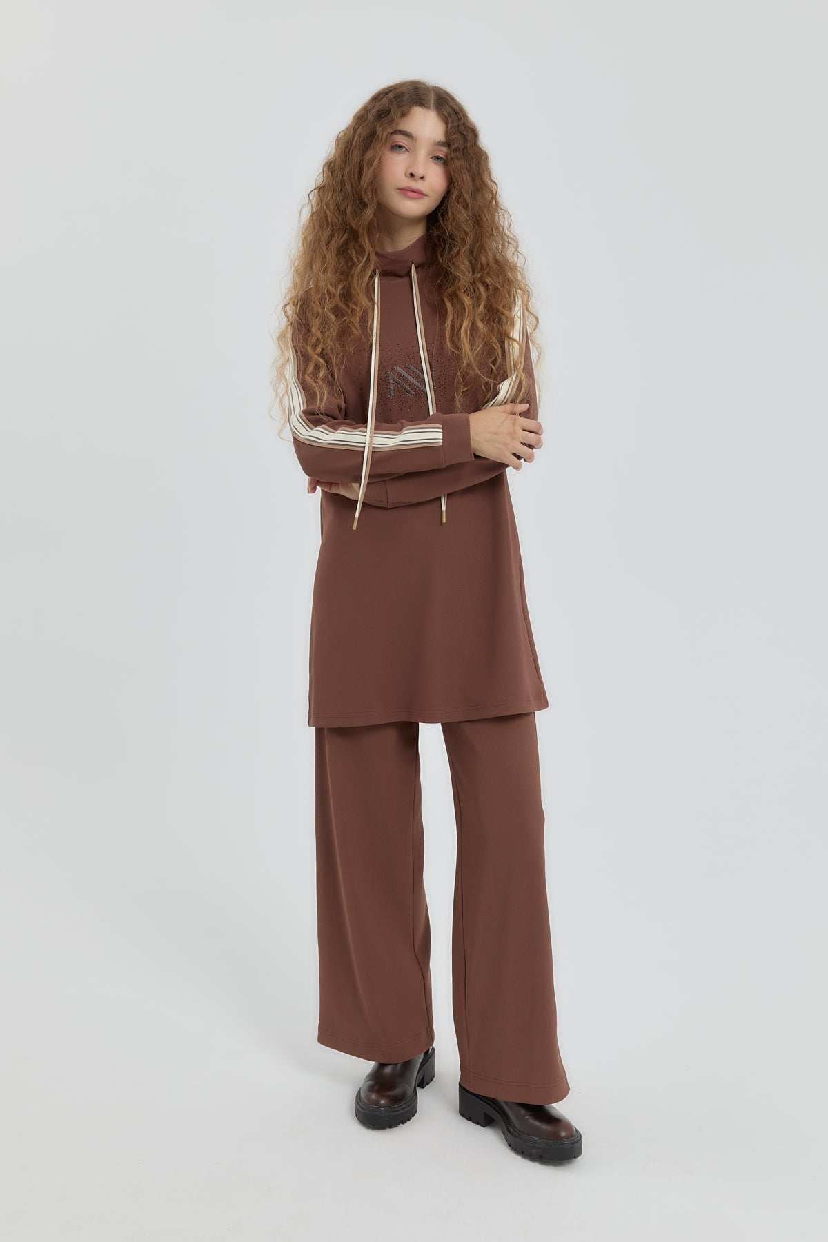 Logo Knitted Pants Tunic Set - Coffee