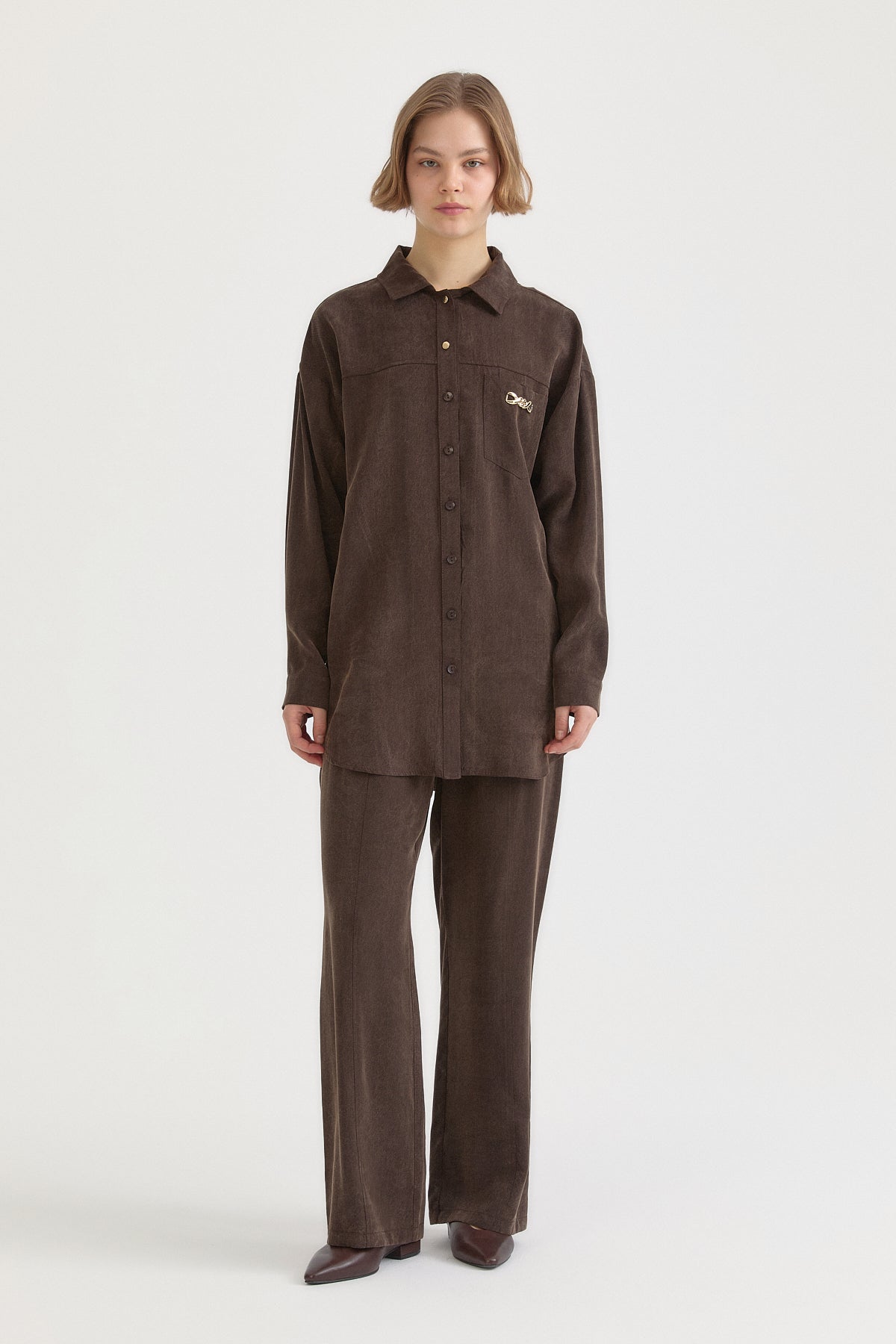 Lyocell Pantolon Tunik Takım - Kahve