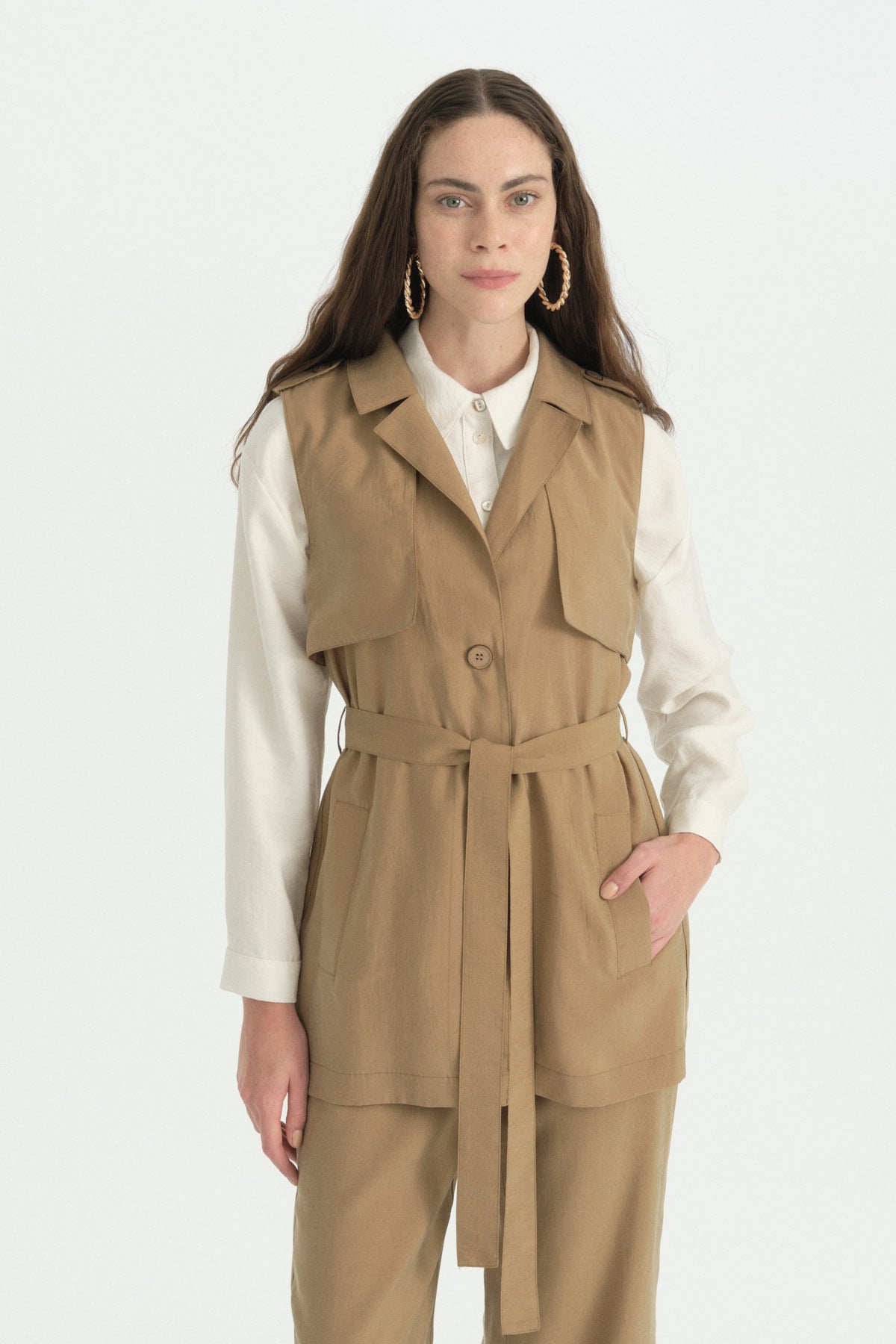 Lyocell Yelek Pantolon Takım - Camel