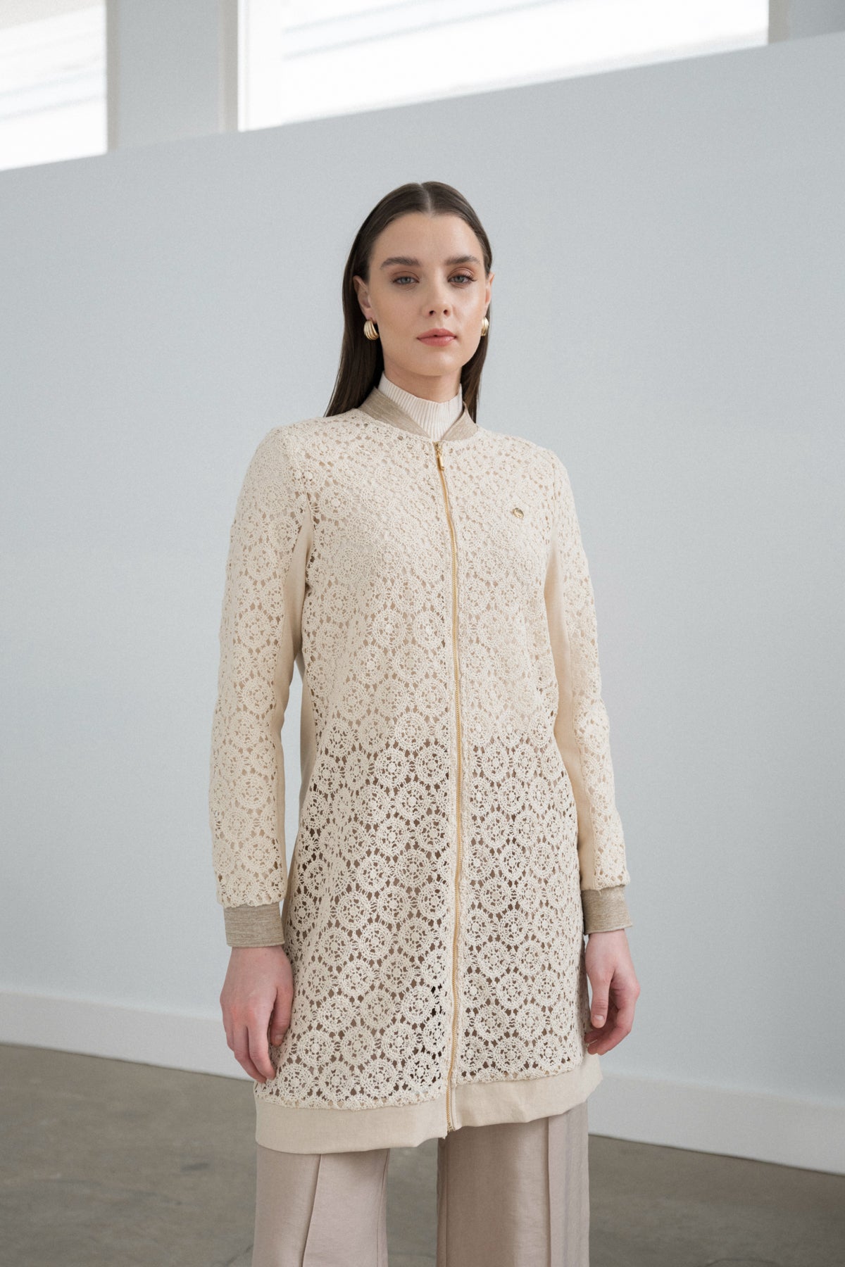 Makrome Bomber Dantel Ceket - Bej