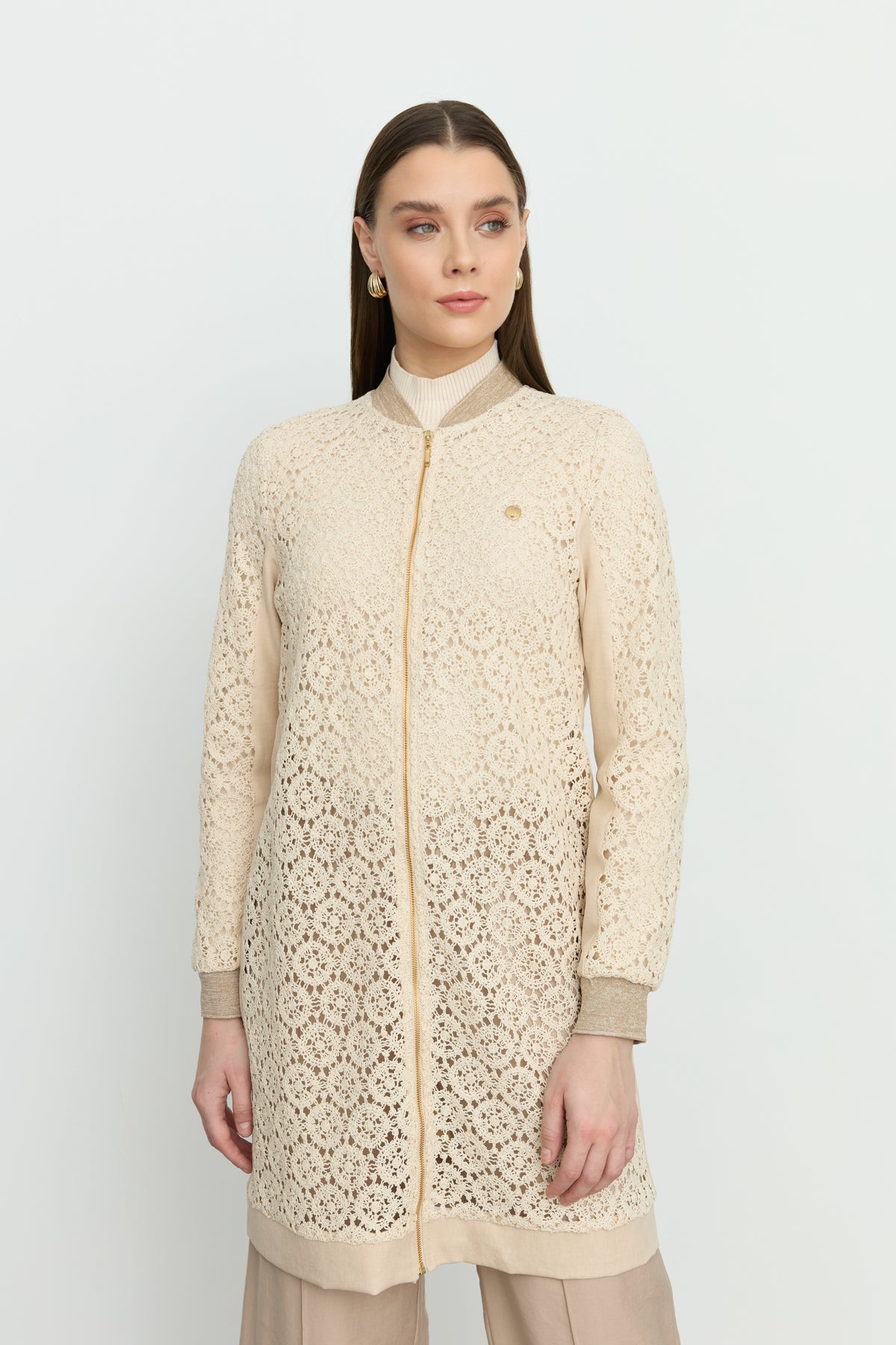 Makrome Bomber Dantel Ceket - Bej