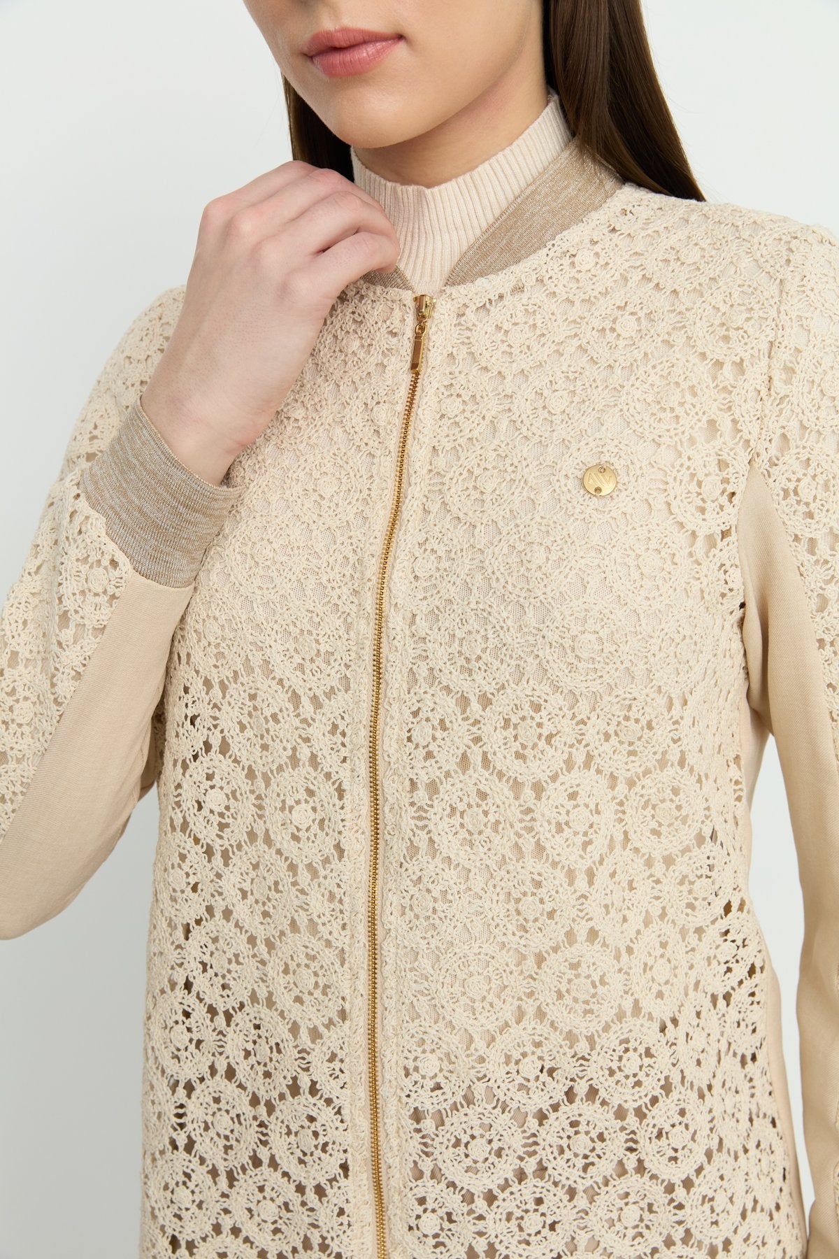 Makrome Bomber Dantel Ceket - Bej