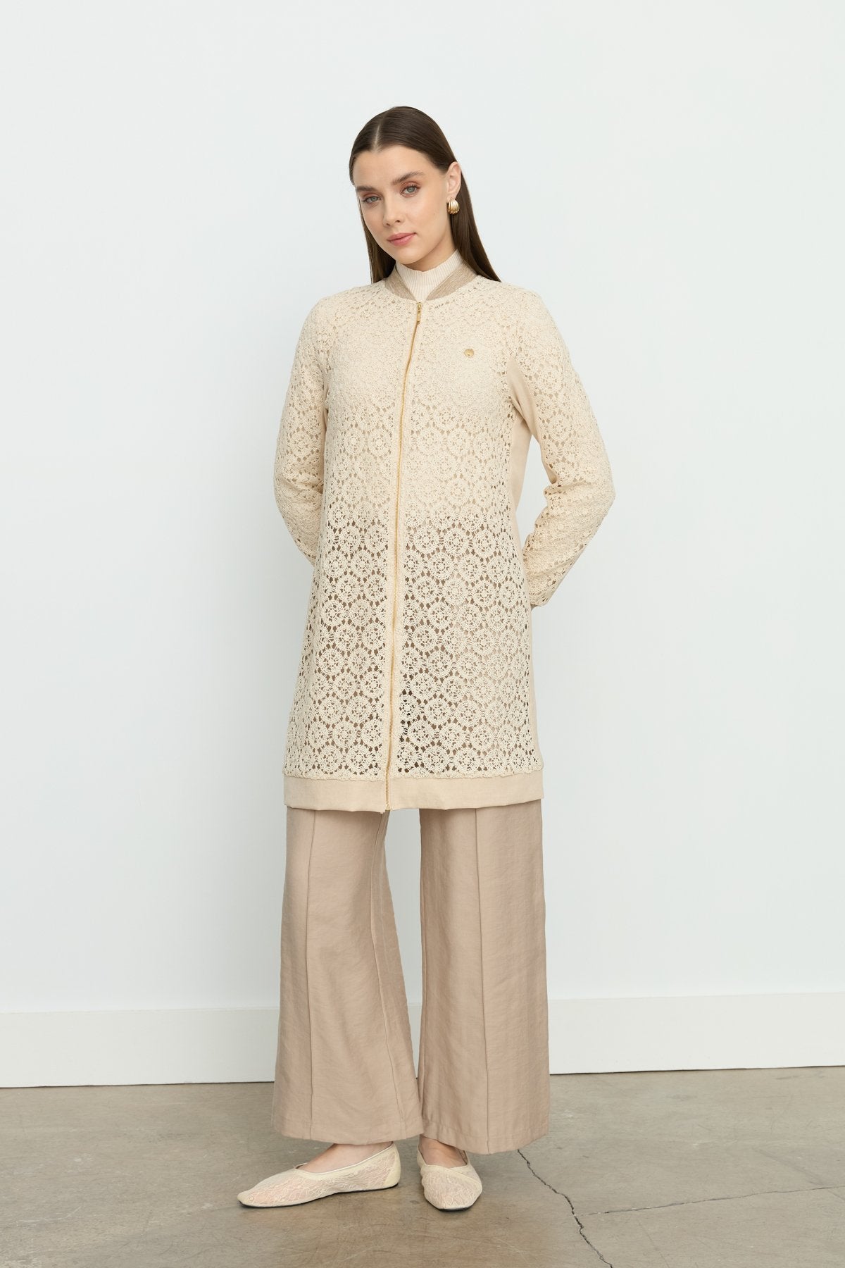 Makrome Bomber Dantel Ceket - Bej
