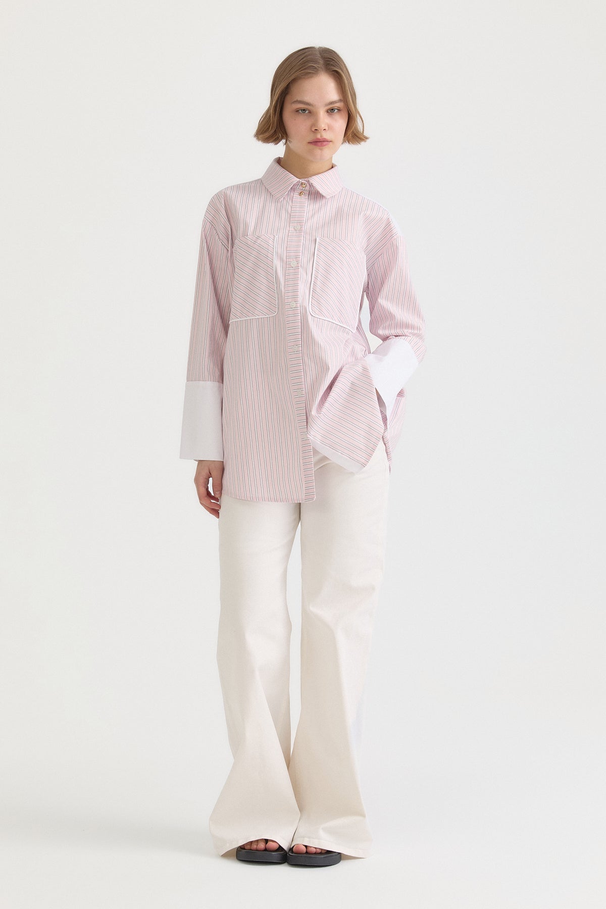 Cuff Detail Striped Cotton Tunic - Pink