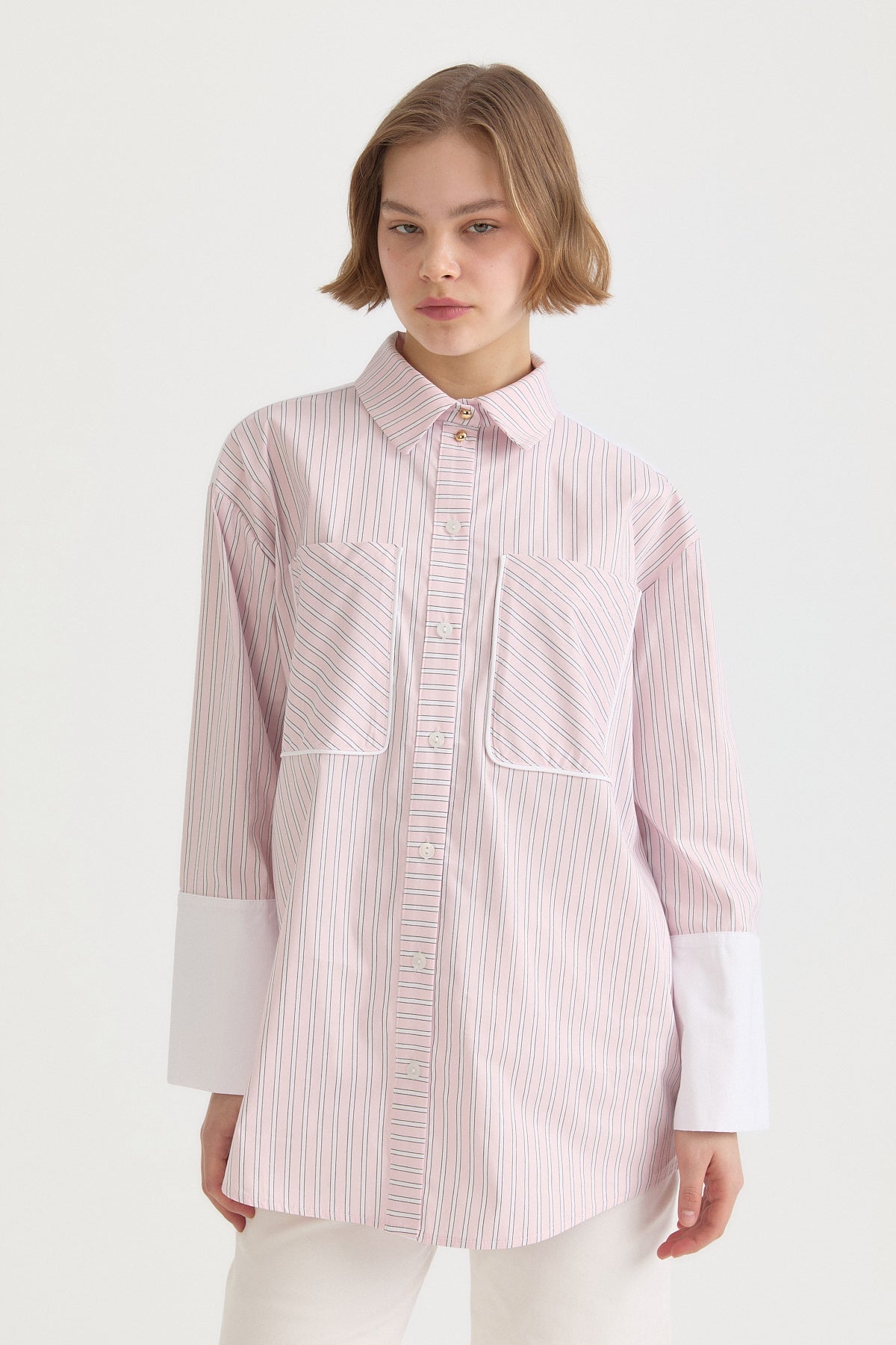 Cuff Detail Striped Cotton Tunic - Pink