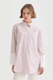 Cuff Detail Striped Cotton Tunic - Pink