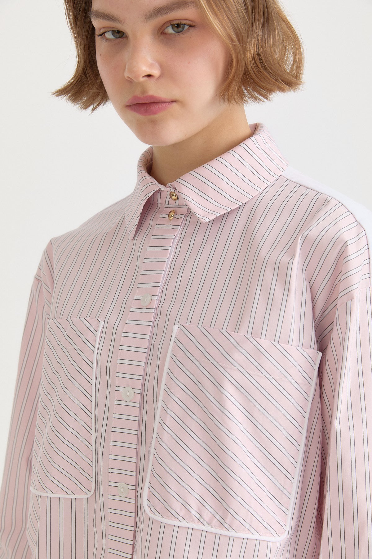 Cuff Detail Striped Cotton Tunic - Pink