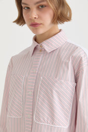 Cuff Detail Striped Cotton Tunic - Pink