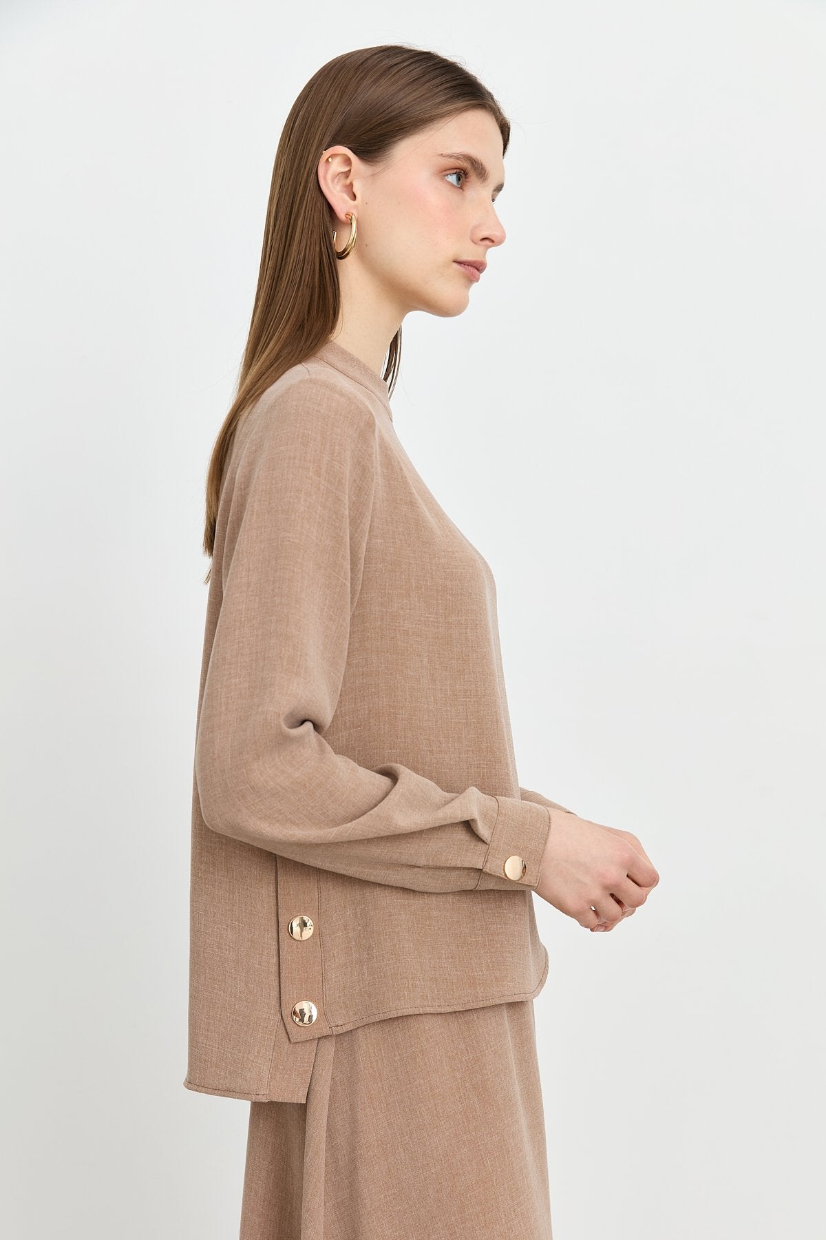 Skirt and Blouse Set with Metal Accessory Details - Camel