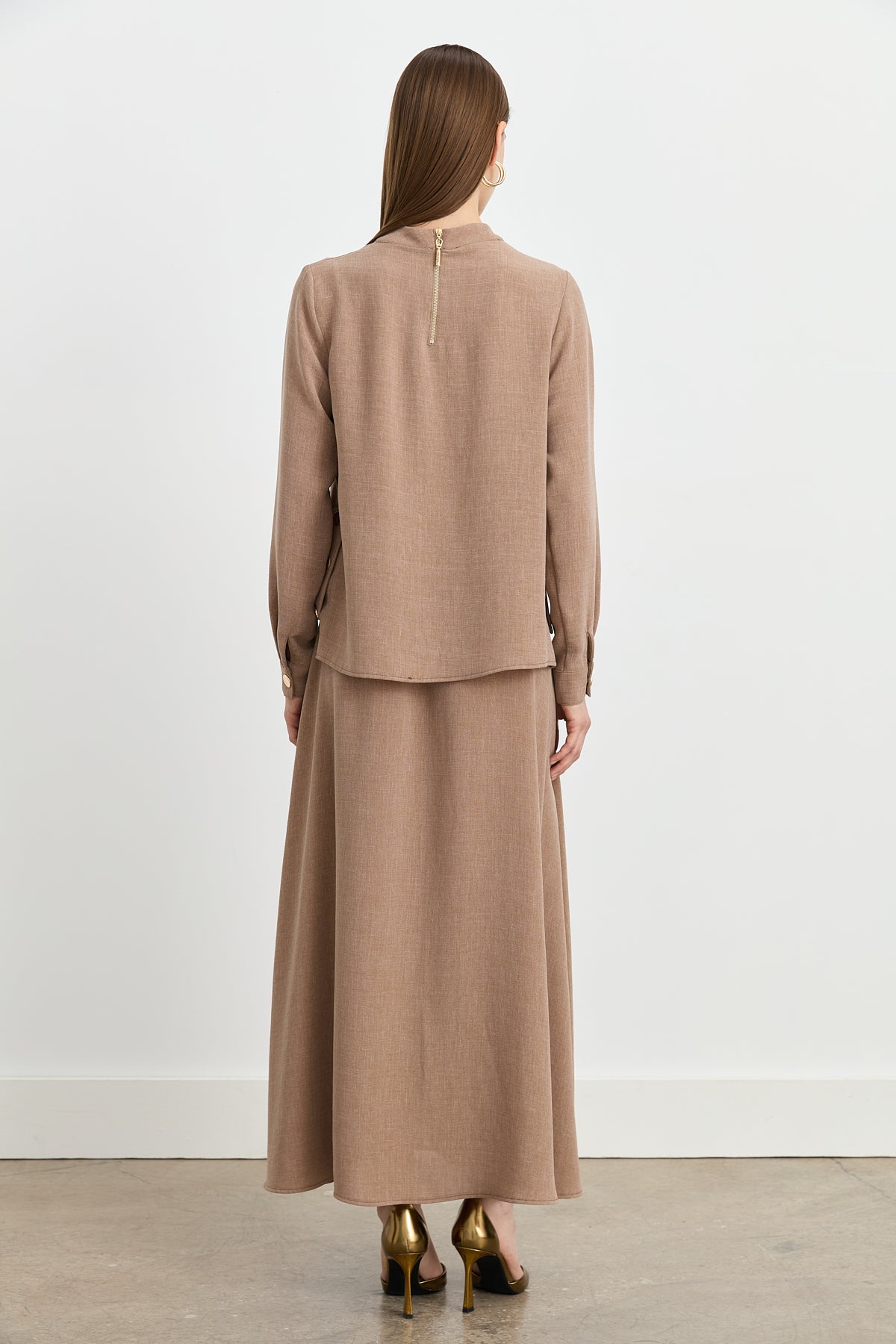 Skirt and Blouse Set with Metal Accessory Details - Camel