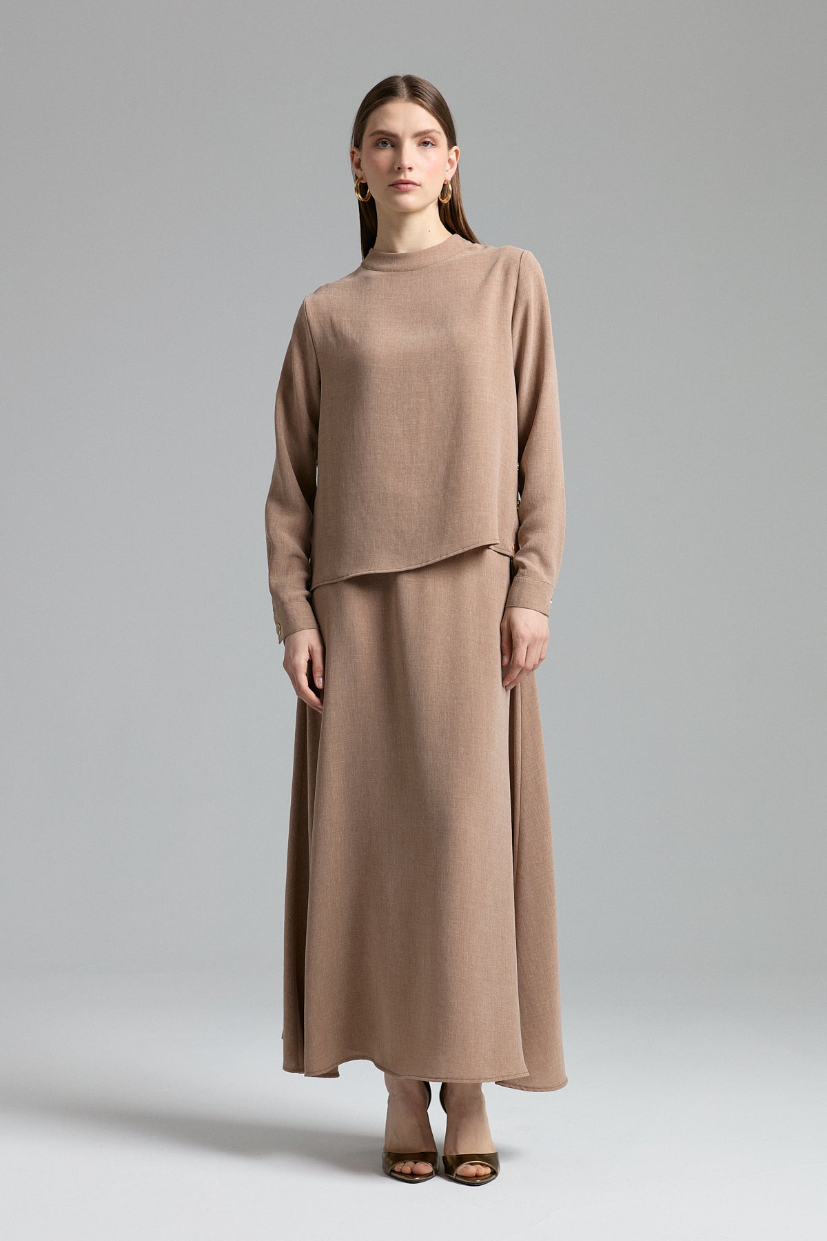 Skirt and Blouse Set with Metal Accessory Details - Camel