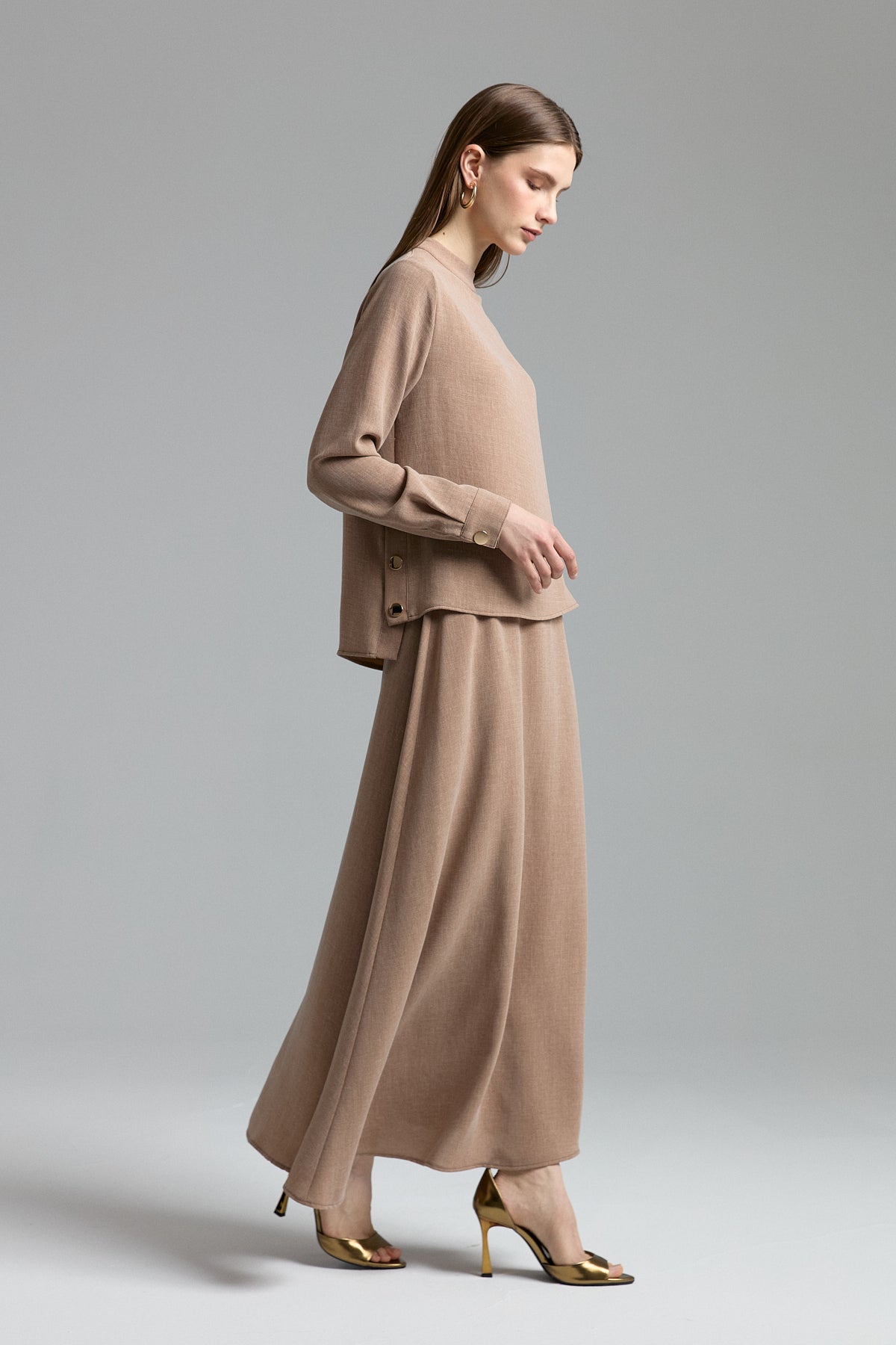 Skirt and Blouse Set with Metal Accessory Details - Camel