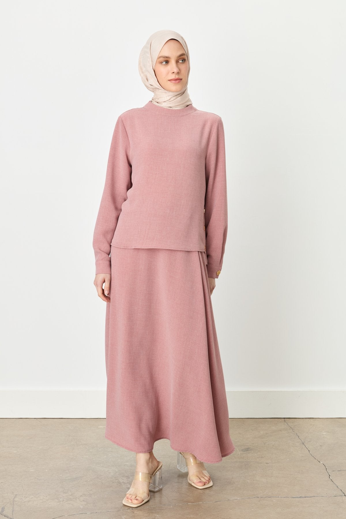 Skirt and Blouse Set with Metal Accessory Details - Rose Pink