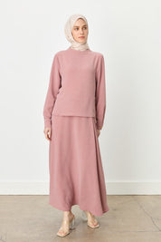 Skirt and Blouse Set with Metal Accessory Details - Rose Pink