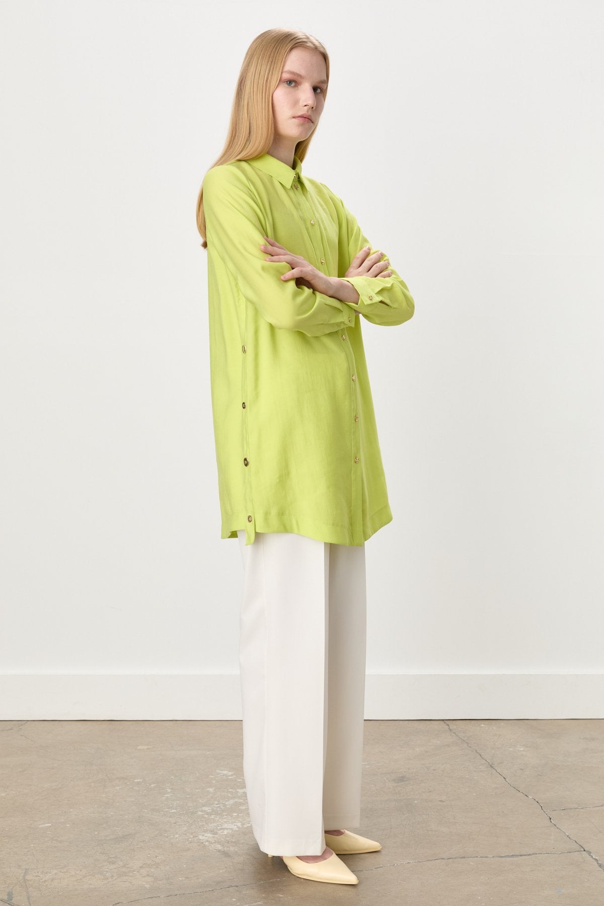 Tencel Blend Tunic with Metal Accessory Details - Pistachio Green