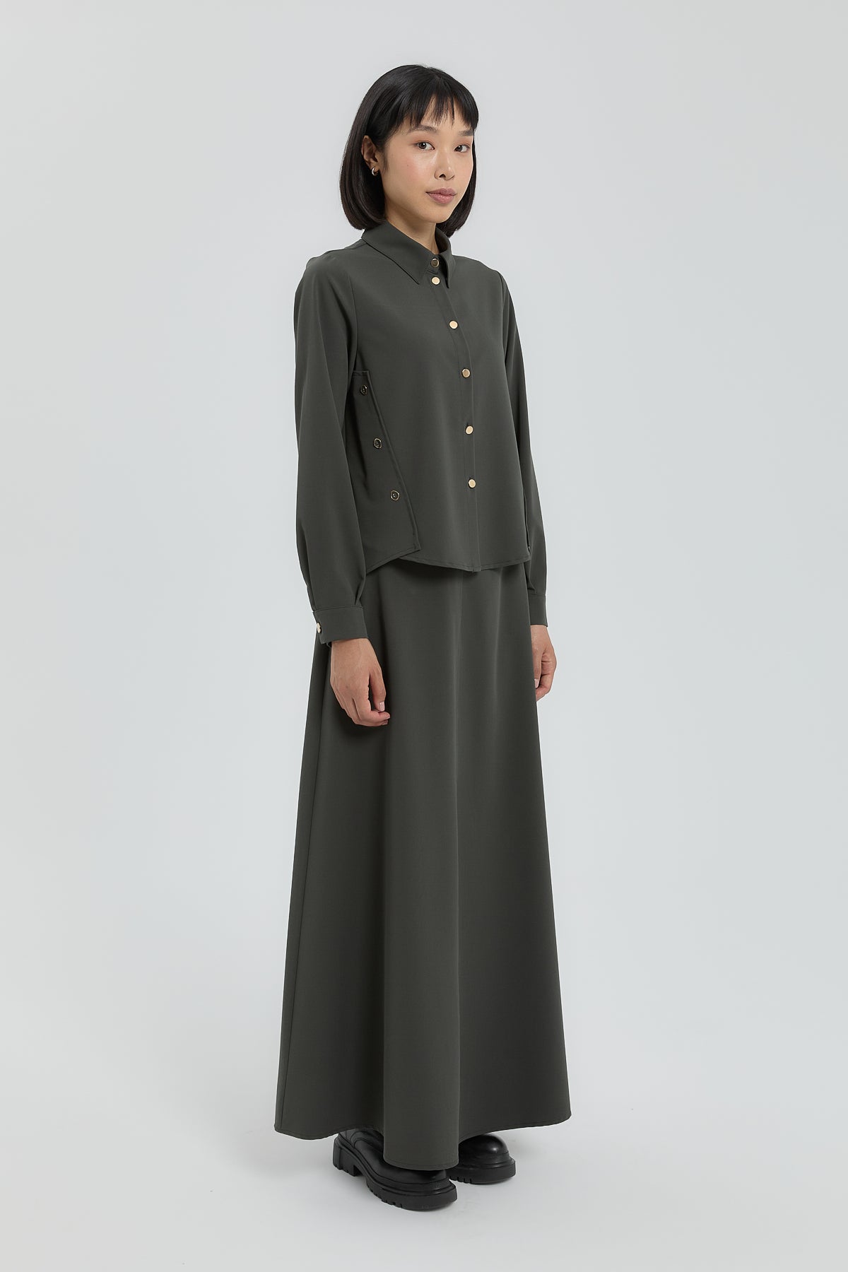 Shirt and Skirt Set with Metal Accessories - Khaki
