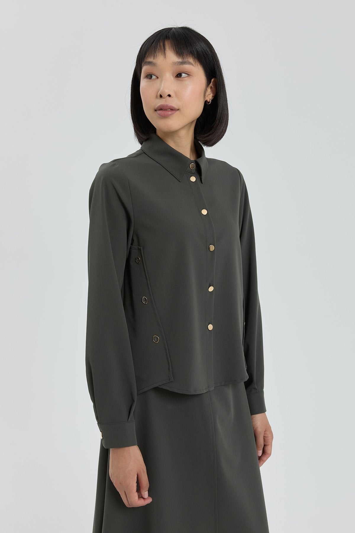Shirt and Skirt Set with Metal Accessories - Khaki