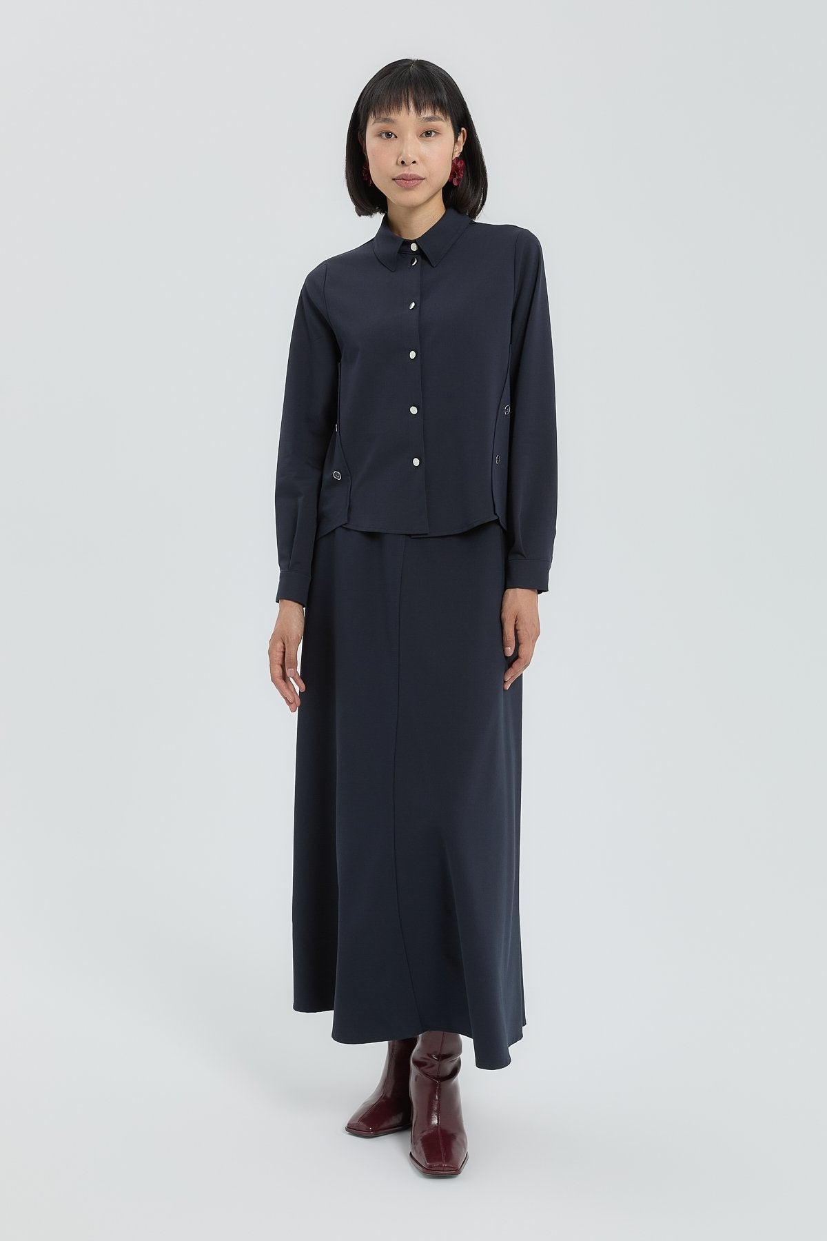 Shirt and Skirt Set with Metal Accessories - Navy Blue