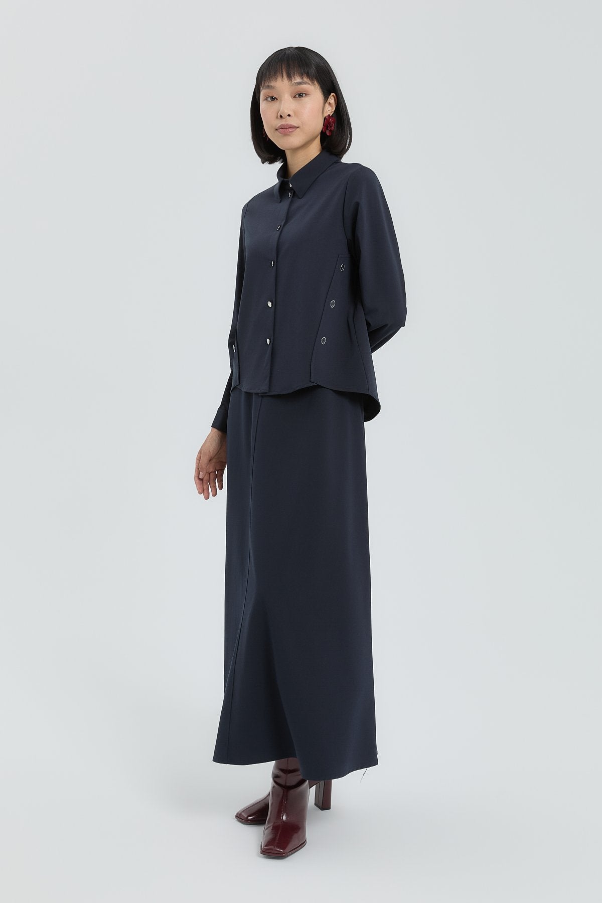 Shirt and Skirt Set with Metal Accessories - Navy Blue