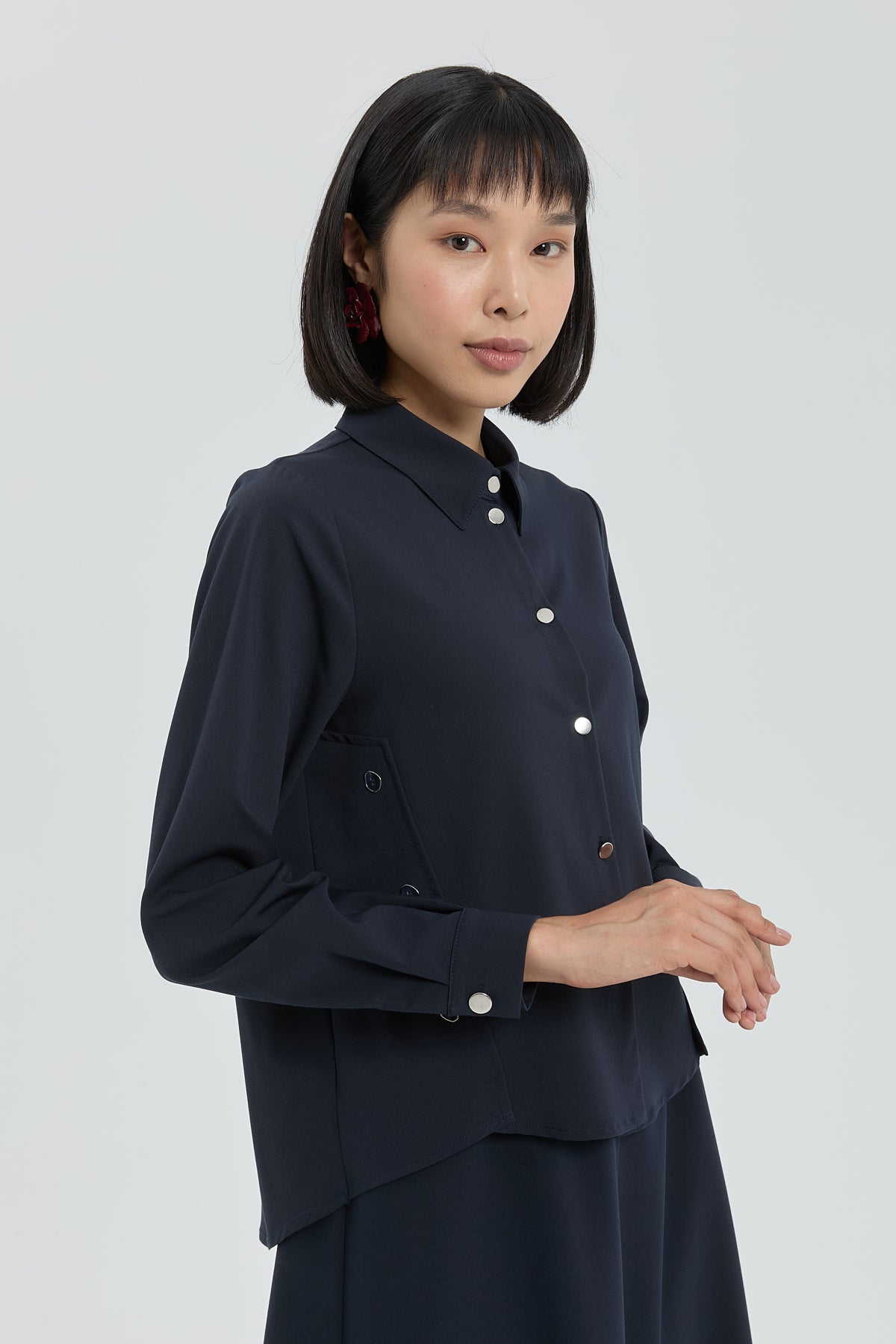 Shirt and Skirt Set with Metal Accessories - Navy Blue