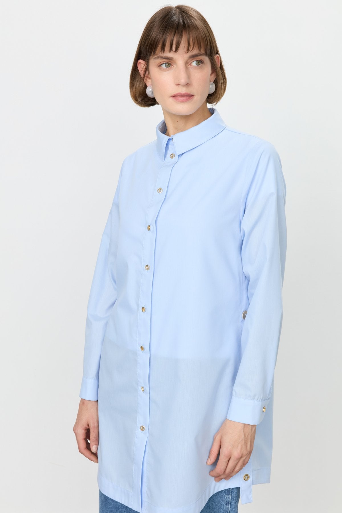 Cotton Tunic with Metal Accessory Shirt Collar - Light Blue