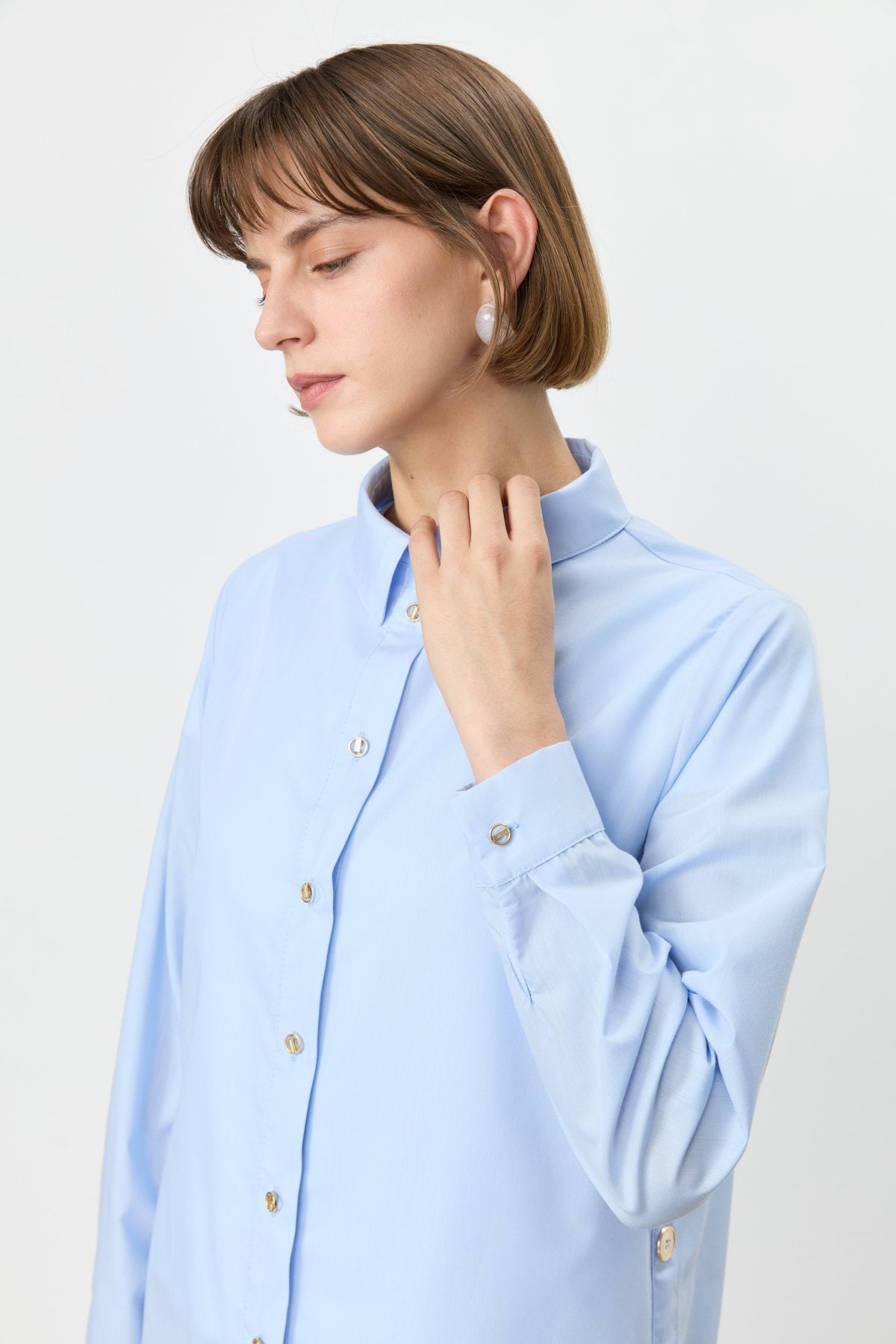 Cotton Tunic with Metal Accessory Shirt Collar - Light Blue
