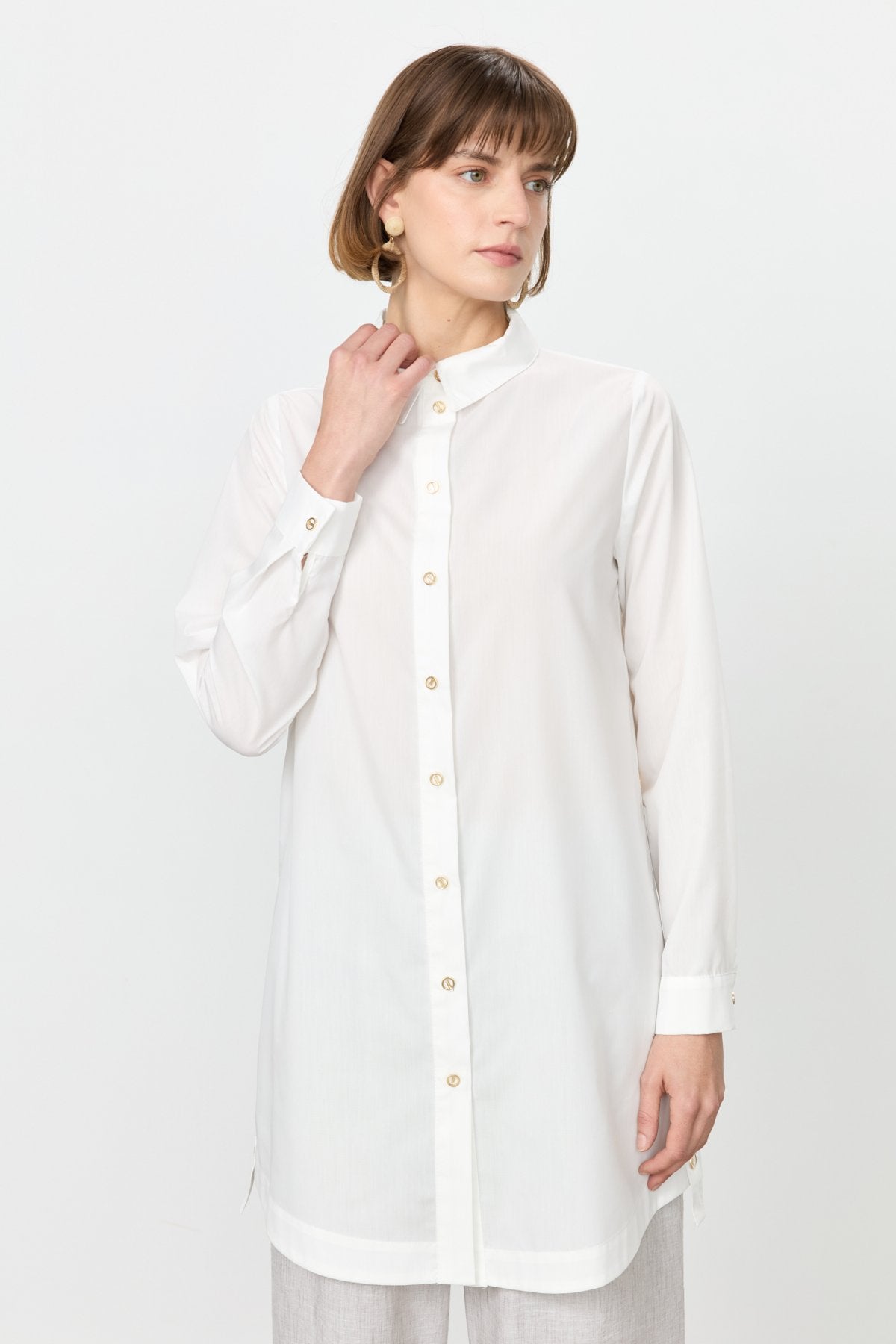 Cotton Tunic with Metal Accessory Shirt Collar - Ecru