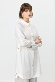 Cotton Tunic with Metal Accessory Shirt Collar - Ecru