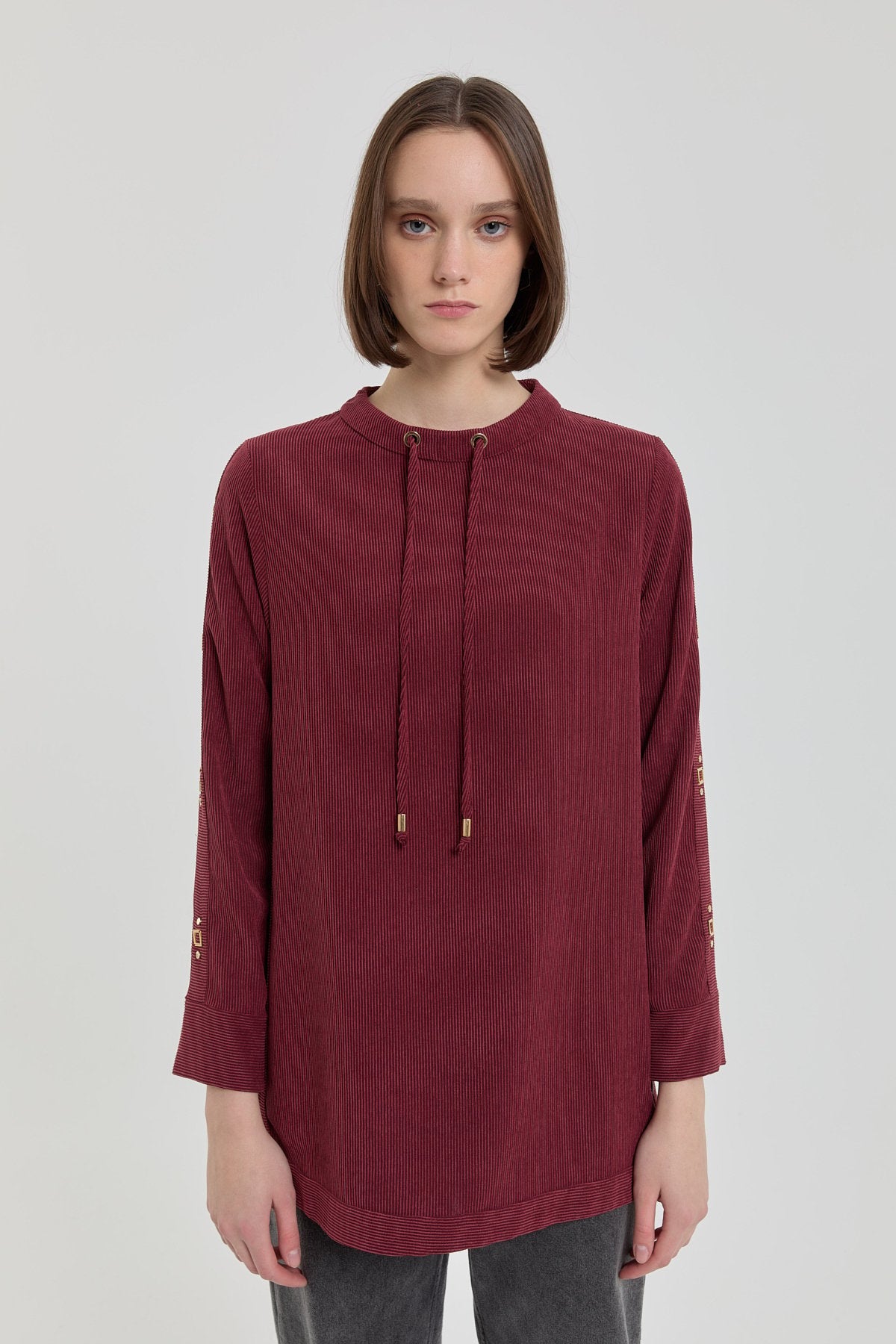 Metal Aksesuarlı Kadife Tunik - Bordo