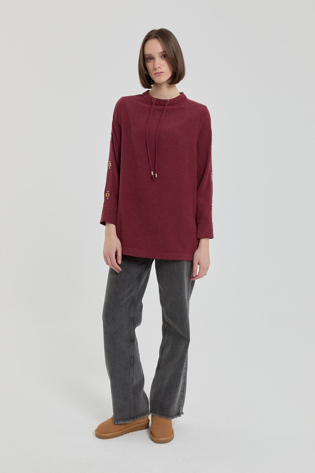 Metal Aksesuarlı Kadife Tunik - Bordo