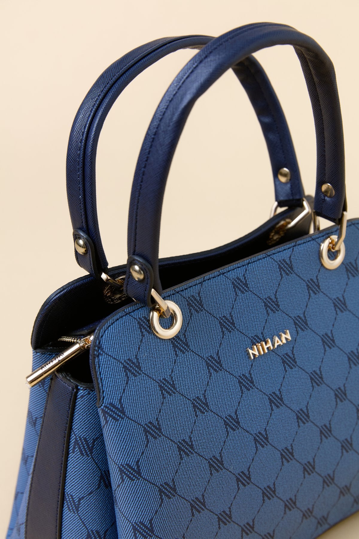 Monogram Metal Aksesuarlı Satchel Çanta - Lacivert