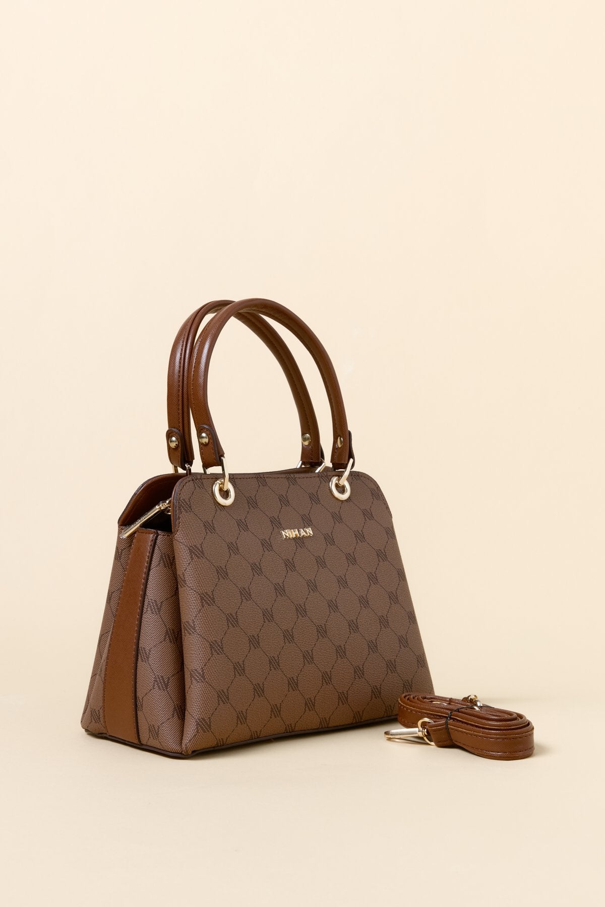 Monogram Metal Aksesuarlı Satchel Çanta - Taba