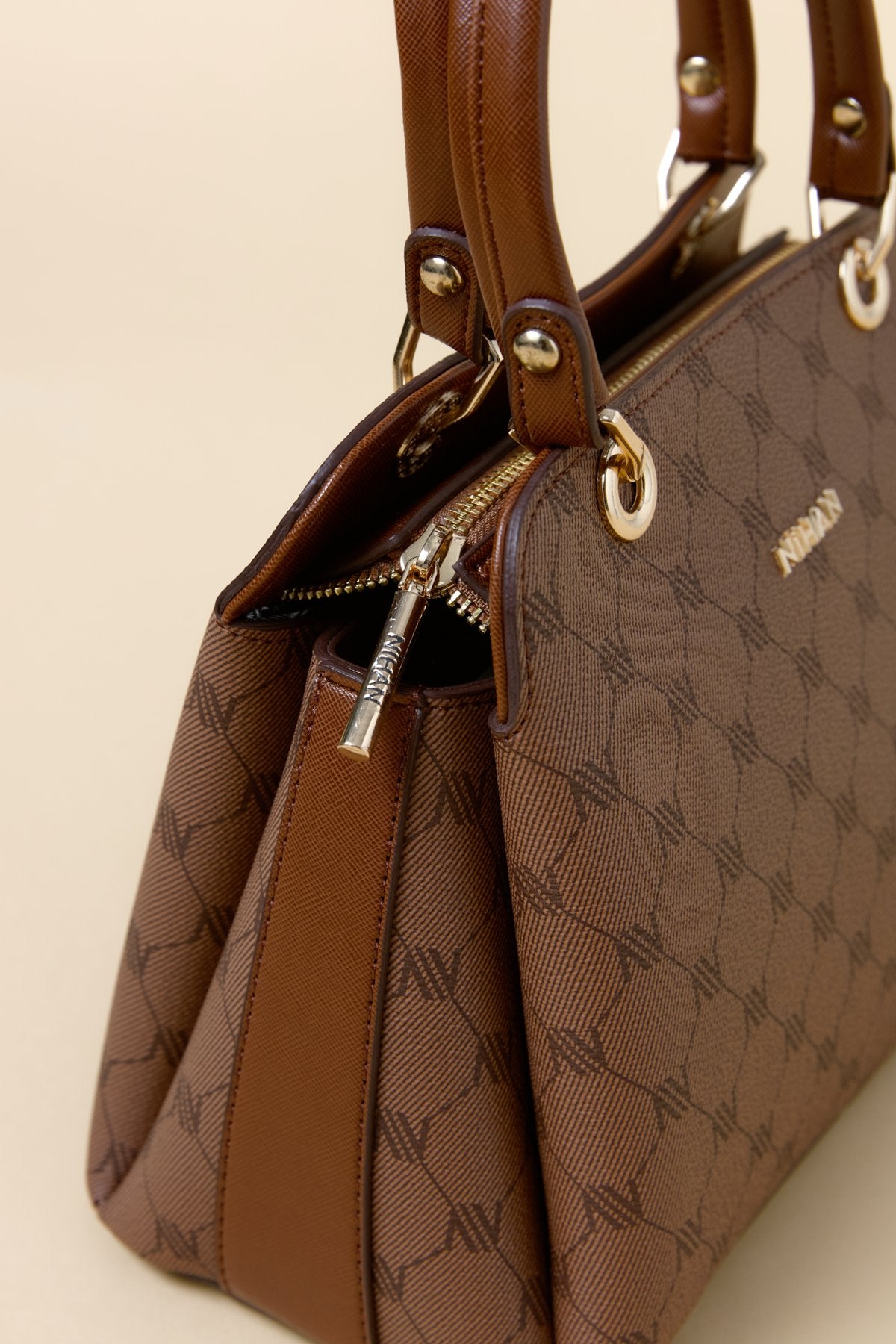 Monogram Metal Accessory Satchel Bag - Tan