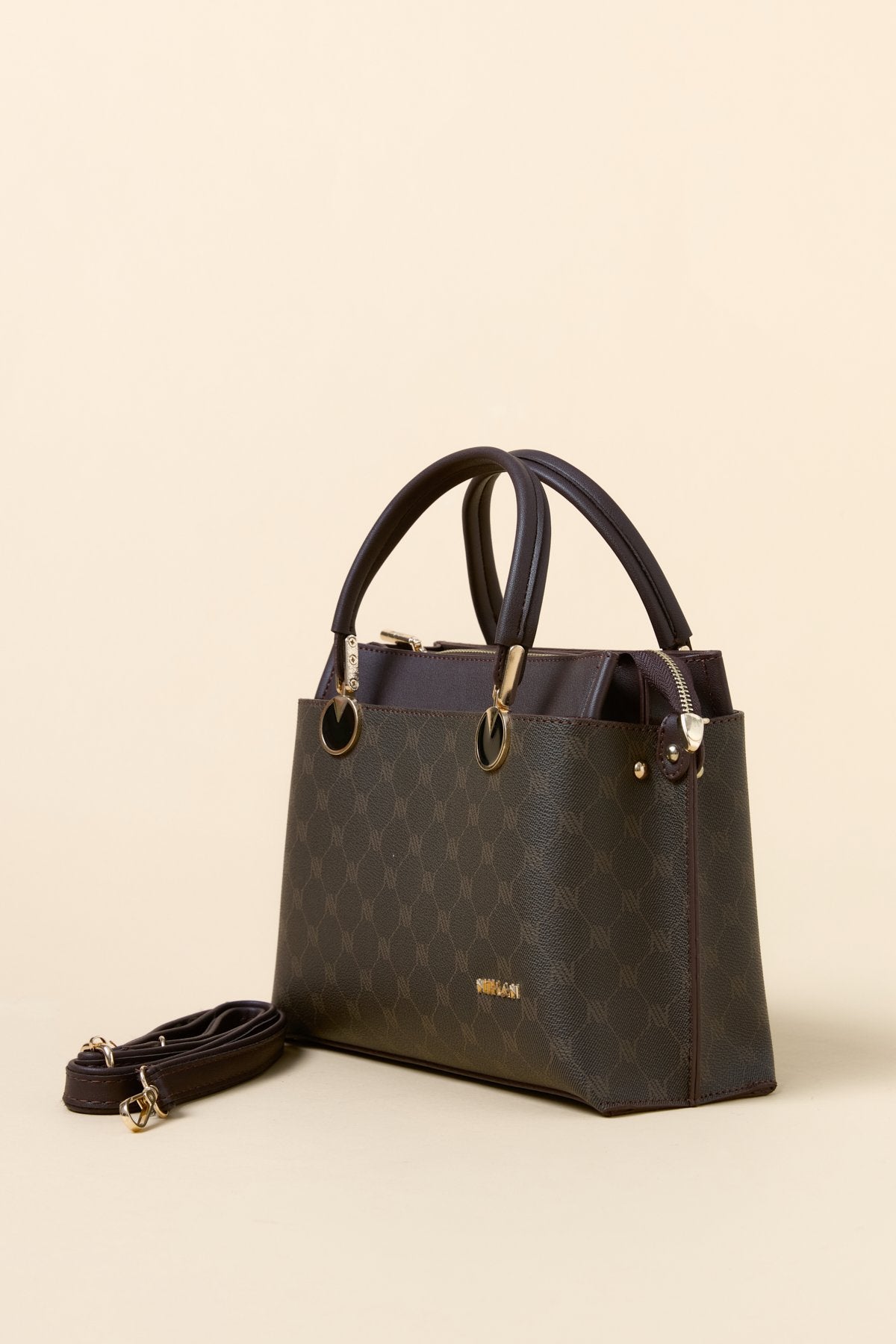 Monogram Metal Aksesuarlı Tote Çanta - Kahve