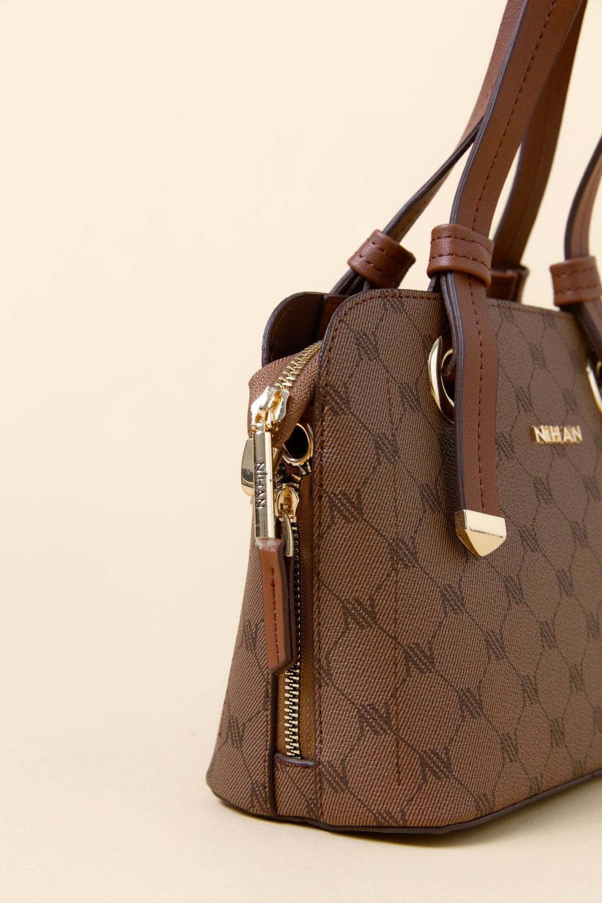 Monogram Tote Bag with Metal Details - Tan