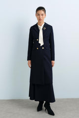 Long Jacket with Metal Button Double-Breasted Closure - Navy Blue
