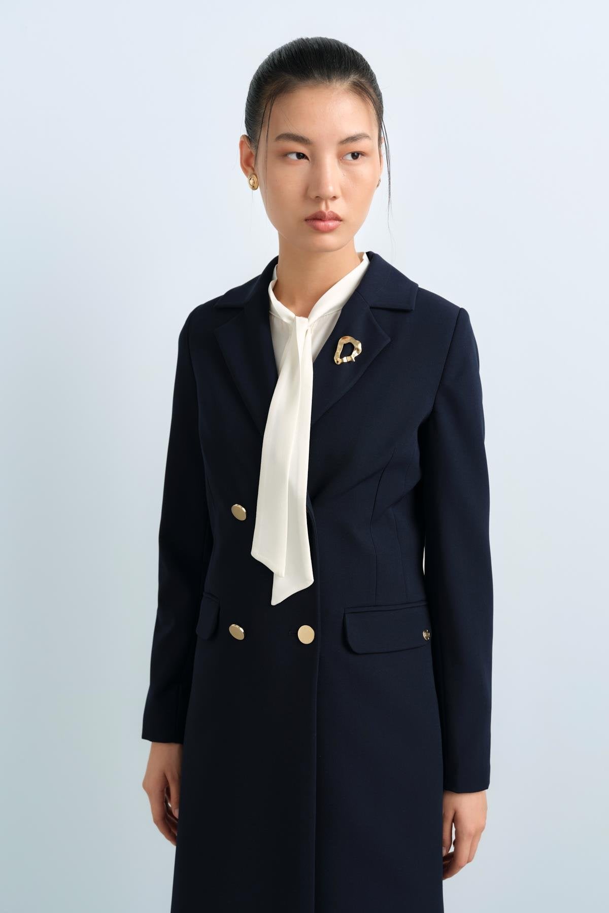 Long Jacket with Metal Button Double-Breasted Closure - Navy Blue