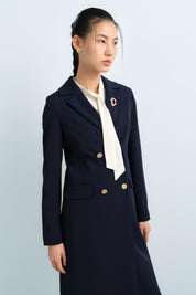 Long Jacket with Metal Button Double-Breasted Closure - Navy Blue