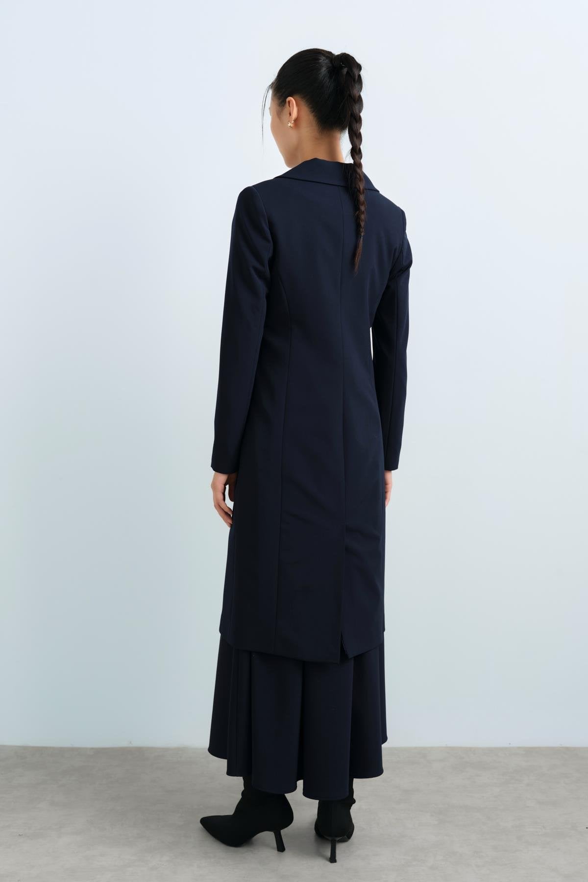 Long Jacket with Metal Button Double-Breasted Closure - Navy Blue