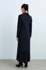 Long Jacket with Metal Button Double-Breasted Closure - Navy Blue