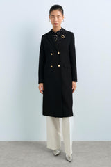 Metal Button Double-Breasted Long Jacket - Black