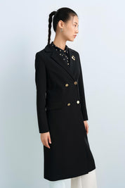 Metal Button Double-Breasted Long Jacket - Black