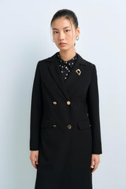 Metal Button Double-Breasted Long Jacket - Black