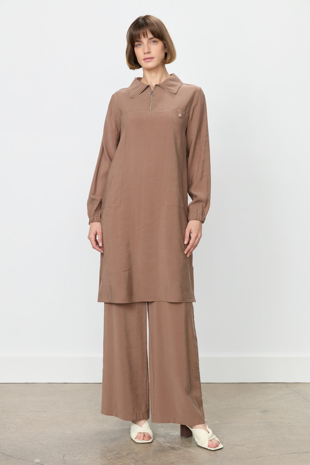 Modal Pantolon Tunik Takım - Açık Kahve