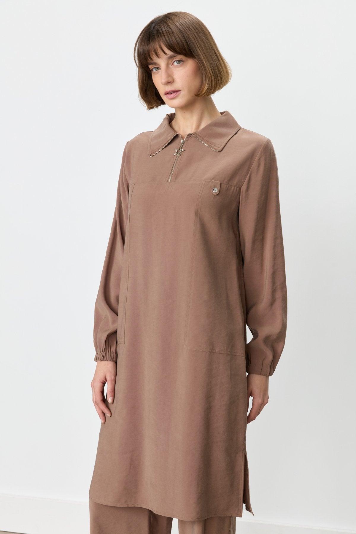 Modal Pantolon Tunik Takım - Açık Kahve