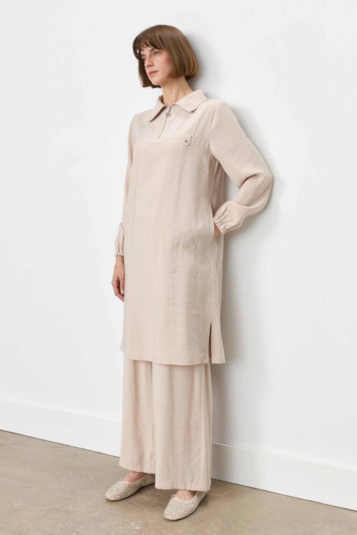Modal Pantolon Tunik Takım - Bej