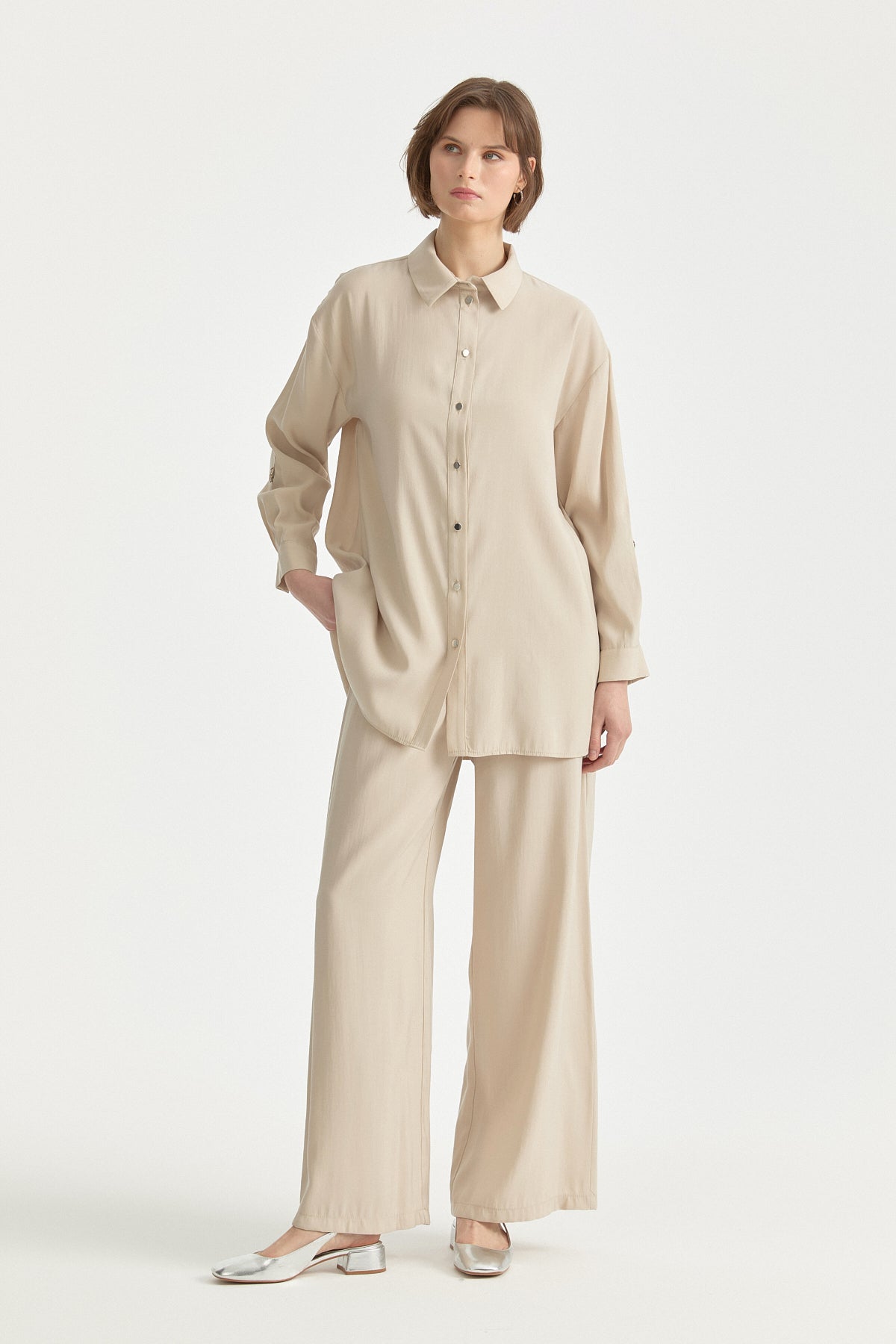 Modal Pantolon Tunik Takım - Bej