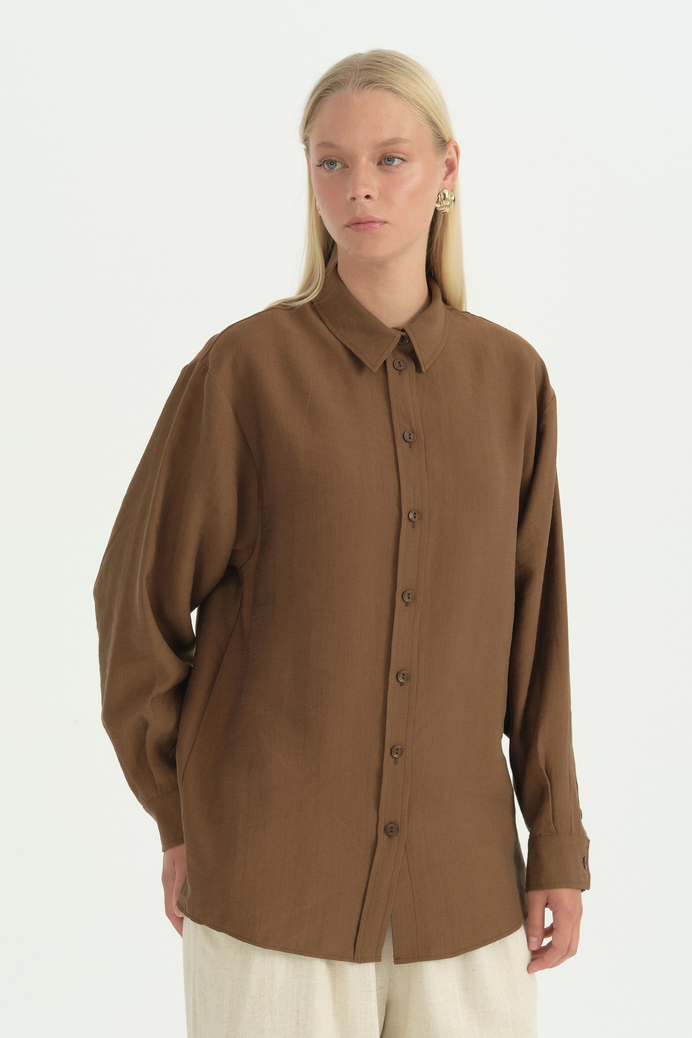 Modal Vintage Gömlek  Yaka Tunik - Açık Kahve